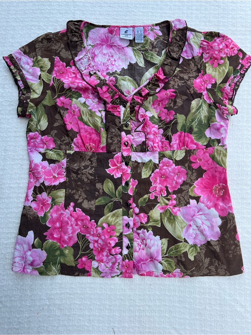 CARIBBEAN JOE TROPICAL FLORAL RUFFLE TRIM BLOUSE